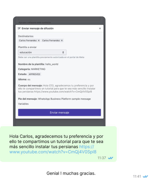 UI envíos masivos de whatsapp con la plantilla de educación