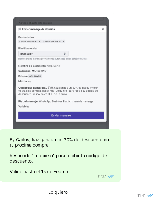 UI envíos masivos de whatsapp con la plantilla de marketing